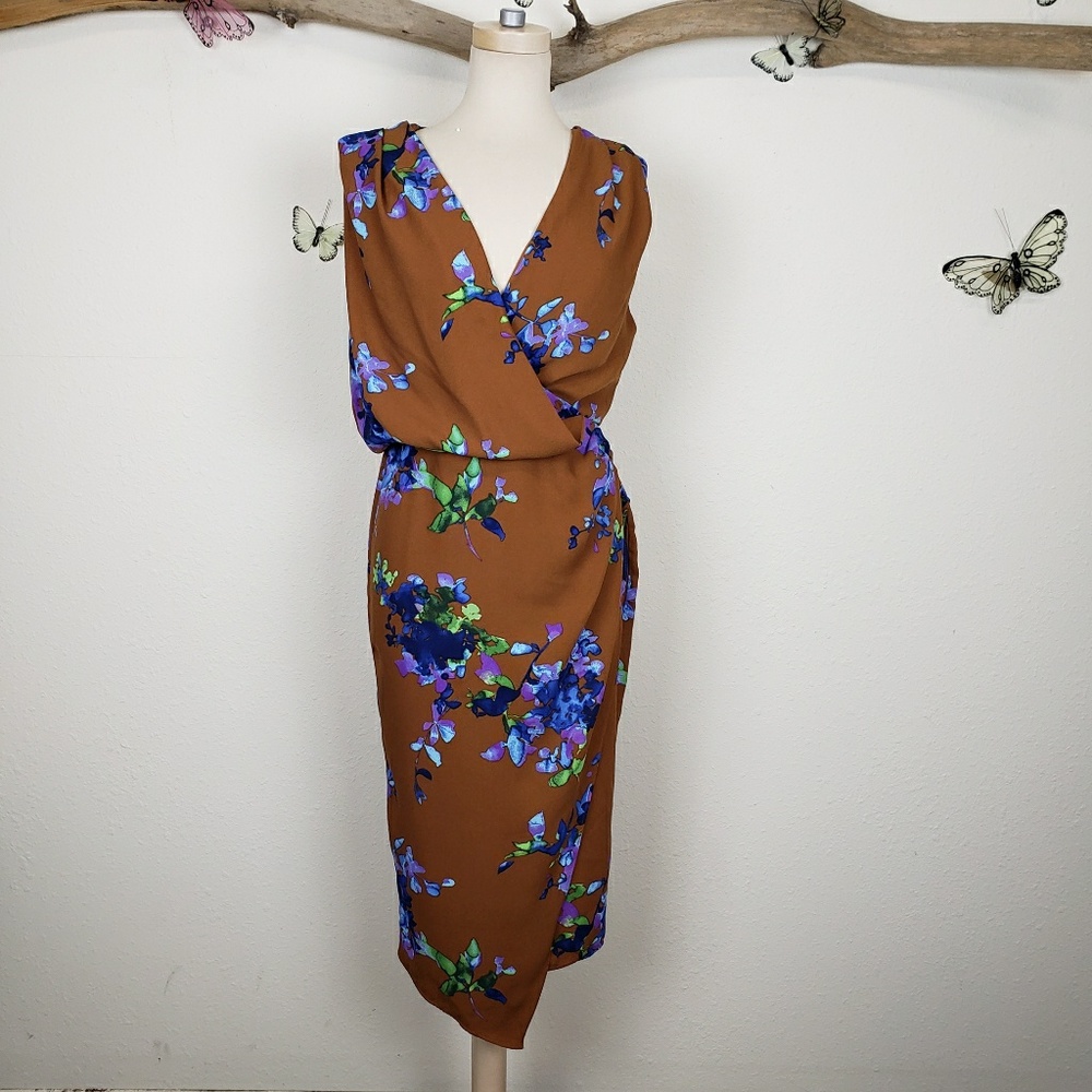 Asos asymmetrical  brown floral sheath dress